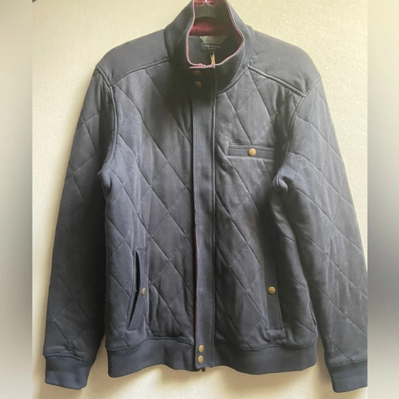 Ted Baker Quilted Jersey Cotton Navy Elbow Patches Bomber Jacket Sz 4(Sz M) - Picture 1 of 13